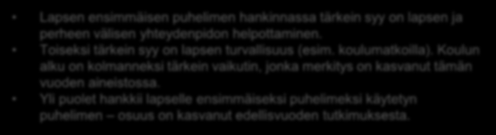 Ensimmäisen puhelimen hankinnan syyt Miksi lapselle alun perin hankittiin puhelin? n=76 Lapsen ja perheen välisen yhteydenpidon helpottamiseksi Turvallisuuden takia (esim.