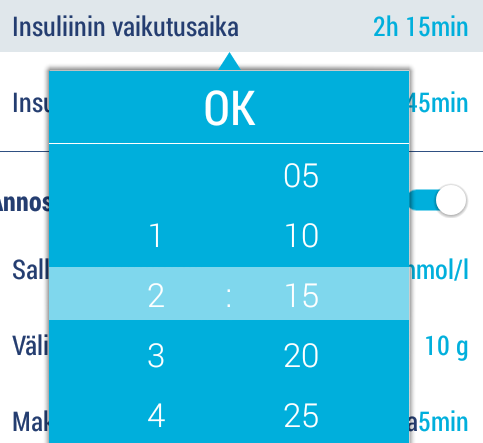3.3.4.2 Minimilisäys ja yksikkö Napauta kohtaa Minimilisäys ja yksikkö. Valitse haluamasi pikainsuliinin minimilisäys. Napauta OK tallentaaksesi valintasi.