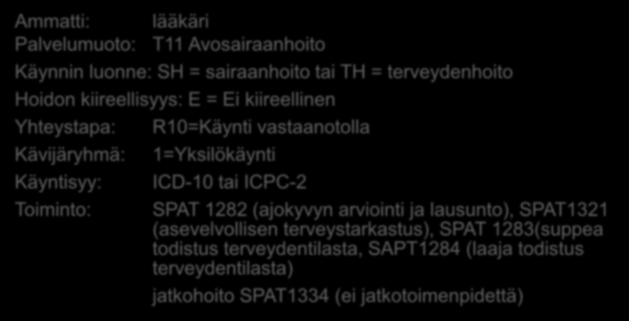 Esim. kirjaamismalli (ajokortti)todistus ja muut todistusasiat Ammatti: lääkäri Palvelumuoto: T11 Avosairaanhoito Käynnin luonne: SH = sairaanhoito tai TH = terveydenhoito Hoidon kiireellisyys: E =