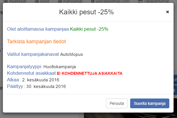 Ennen kampanjan alkua voit tarkastaa kampanjatiedot tai perua viestien lähettämisen. Saldon lataus AutoMopus-tilille Ennen kuin voit lähettää kampanjaviestisi, lataa AutoMopus-tilillesi saldoa.