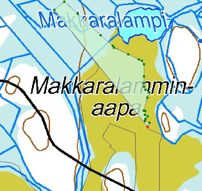valinnut kaikki alueen nurkkapisteet, muodostin lopulta halutun muotoisen turvetuotantoalueen kartalle. 46 Kuvio. 8 Esimerkki aluerajaus toiminnosta ArcMapilla.