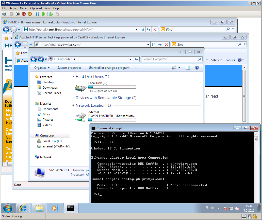External -virtuaaliverkon VM-WIN7EXT -virtuaalikoneen osalta kaikki palvelut olivat toiminnassa, virtuaalikone sai DHCP:ltä IP -osoitteen, nimikyselyt toimivat, ja tietokone pystyttiin liittämään