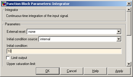 Integrator-lohko Alkuarvo x(0) = 10 asetetaan integrator-lohkon parametrejä muuttamalla