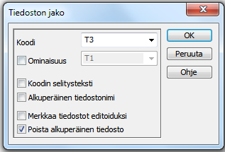 Jaa osiin -toiminto jakaa tiedoston elementtilistaan annetun koodikentän mukaan. Kustakin koodista syntyy elementtilistaan uusi koodin mukaan nimetty tiedosto.