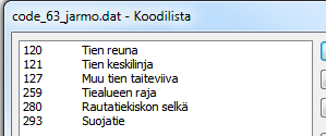 1.6 Kooditiedosto Kooditiedostossa (Asetukset Koodit) määrätään käyttäjän haluamat värit, tekstifontit, symboliikka pisteille, viivoille ja alueille sekä, halutessa jollekin kohteelle