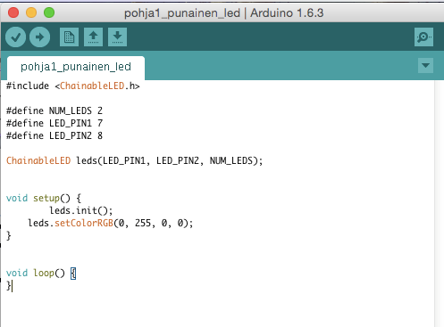 1. tehtävä: LED Kopioi / kirjoita alla oleva ohjelma Arduino -ohjelmointialueelle. Siirrä kirjoittamasi ohjelma Grovelle yläpalkin nuolesta. Ensimmäinen ledi muuttuu punaiseksi.