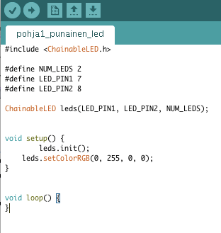 Mitä ohjelma tarkoittaa? Ohjelmaan lisätään ketjutettavien RGBledien kirjasto valikon kautta Sketsi -> Include library -> ChainableLED-master.