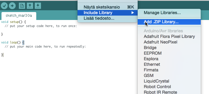 Kirjaston lisääminen Avaa Arduino ohjelmasta Sketsi >