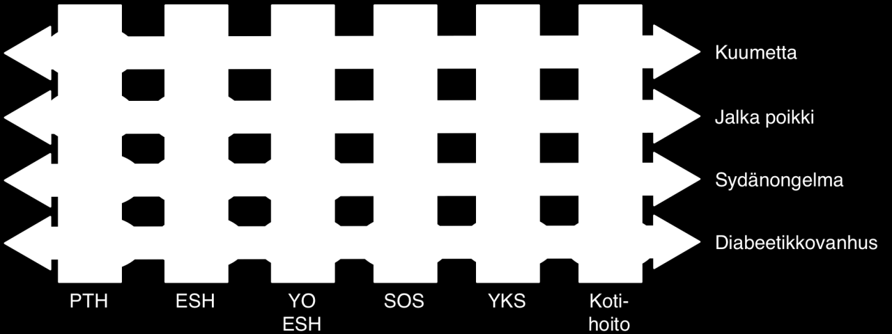 Koostaminen yli organisaatiorajojen (OID PTH,Käynti_id) (OID ESH,Käynti_id) (OID YO ESH,Käynti_id) (OID PTH,Palvelukokonaisuus_id) (OID SOS,Käynti_id) Valtakunnallinen arkisto