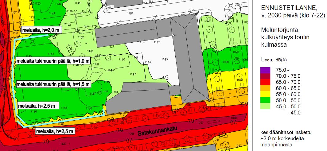 Tontin melutasot vuoden 2030 ja meluaitojen rakentamisen jälkeistä tilannetta kuvaavassa mallinnuksessa. Meluaidan korkeus on 1-2,5 m.