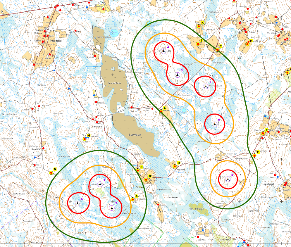 FCG SUUNNITTELU JA TEKNIIKKA OY Kaavaselostus 57 (76) 10.10.2 Melumallinnus voimalan nro. 8 poistamisen johdosta Voimalan nro. 8 poistamisen johdosta melumallinnus on laadittu uudelleen.