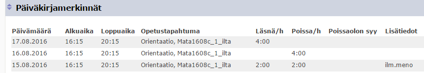 POISSAOLOT Poissaoloilmoitustoiminto ei ole käytössä Ota yhteys