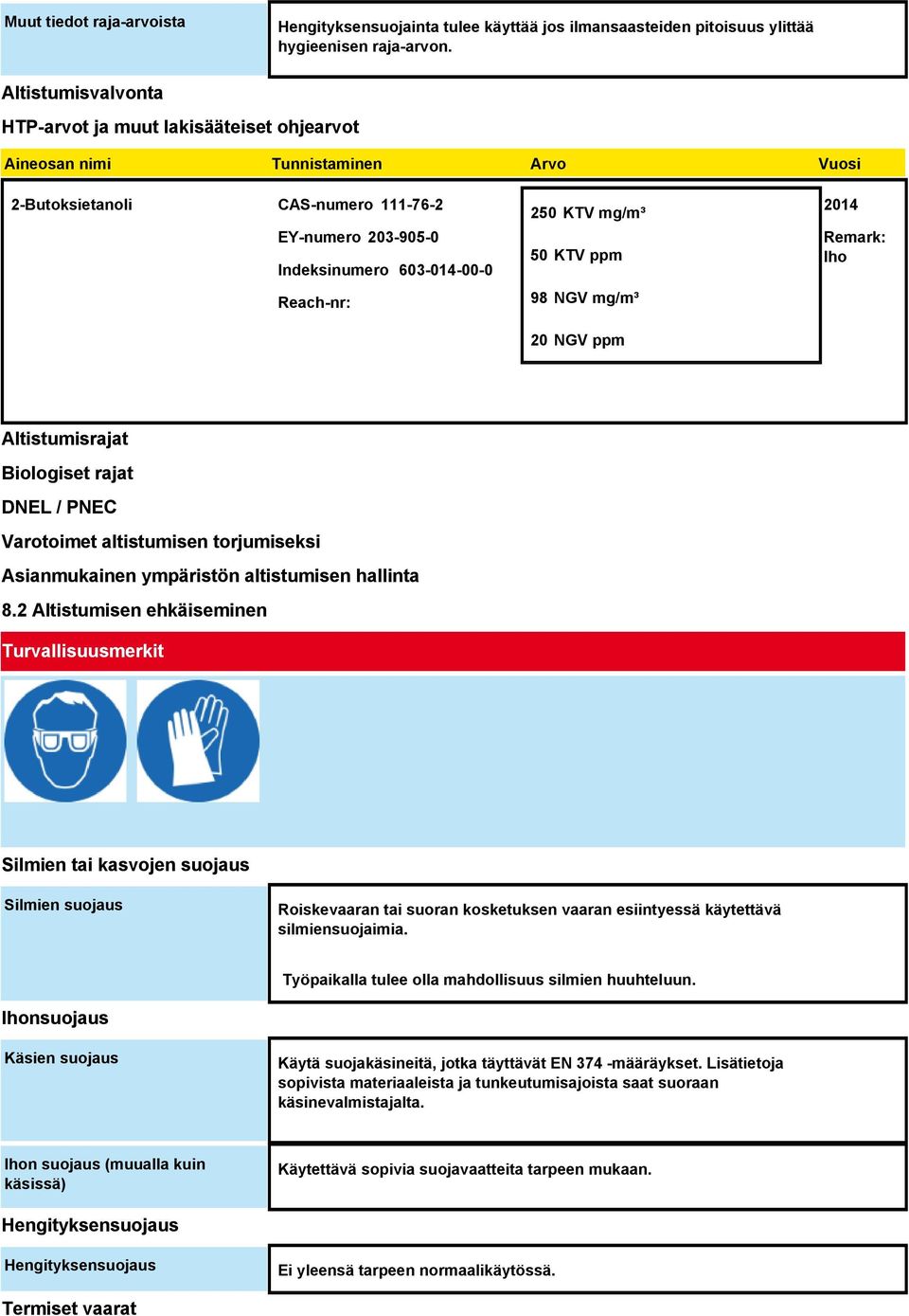 mg/m³ 50 KTV ppm 98 NGV mg/m³ 20 NGV ppm 2014 Remark: Iho Altistumisrajat Biologiset rajat DNEL / PNEC Varotoimet altistumisen torjumiseksi Asianmukainen ympäristön altistumisen hallinta 8.