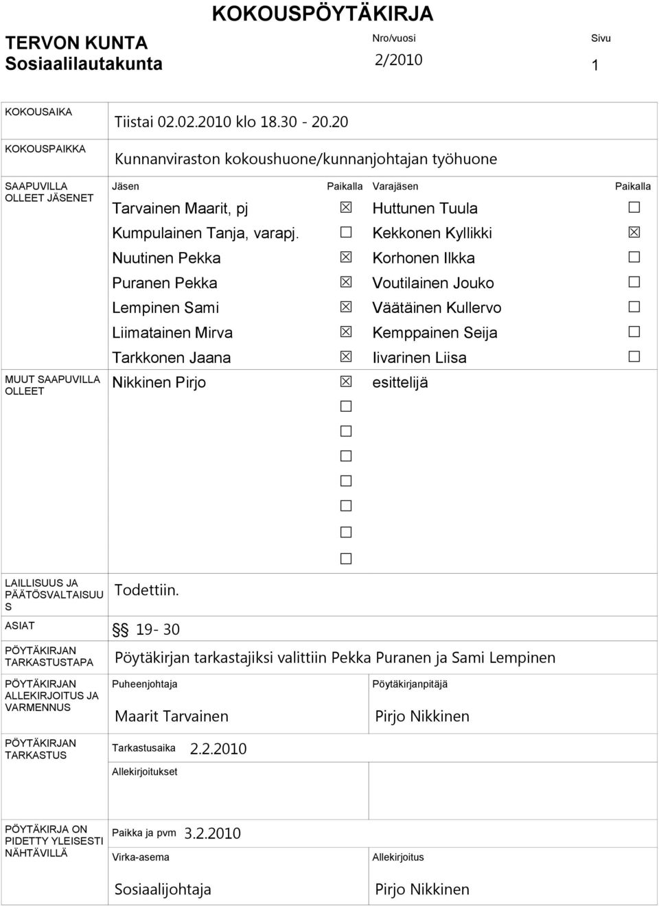 Kekkonen Kyllikki Nuutinen Pekka Korhonen Ilkka Puranen Pekka Voutilainen Jouko Lempinen Sami Väätäinen Kullervo Liimatainen Mirva Kemppainen Seija Tarkkonen Jaana Iivarinen Liisa Nikkinen Pirjo