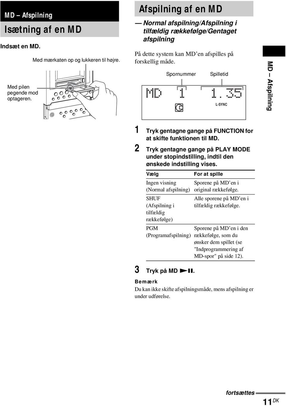DISC Spornummer Spilletid L-SYNC MD Afspilning 1 Tryk gentagne gange på FUNCTION for at skifte funktionen til MD.