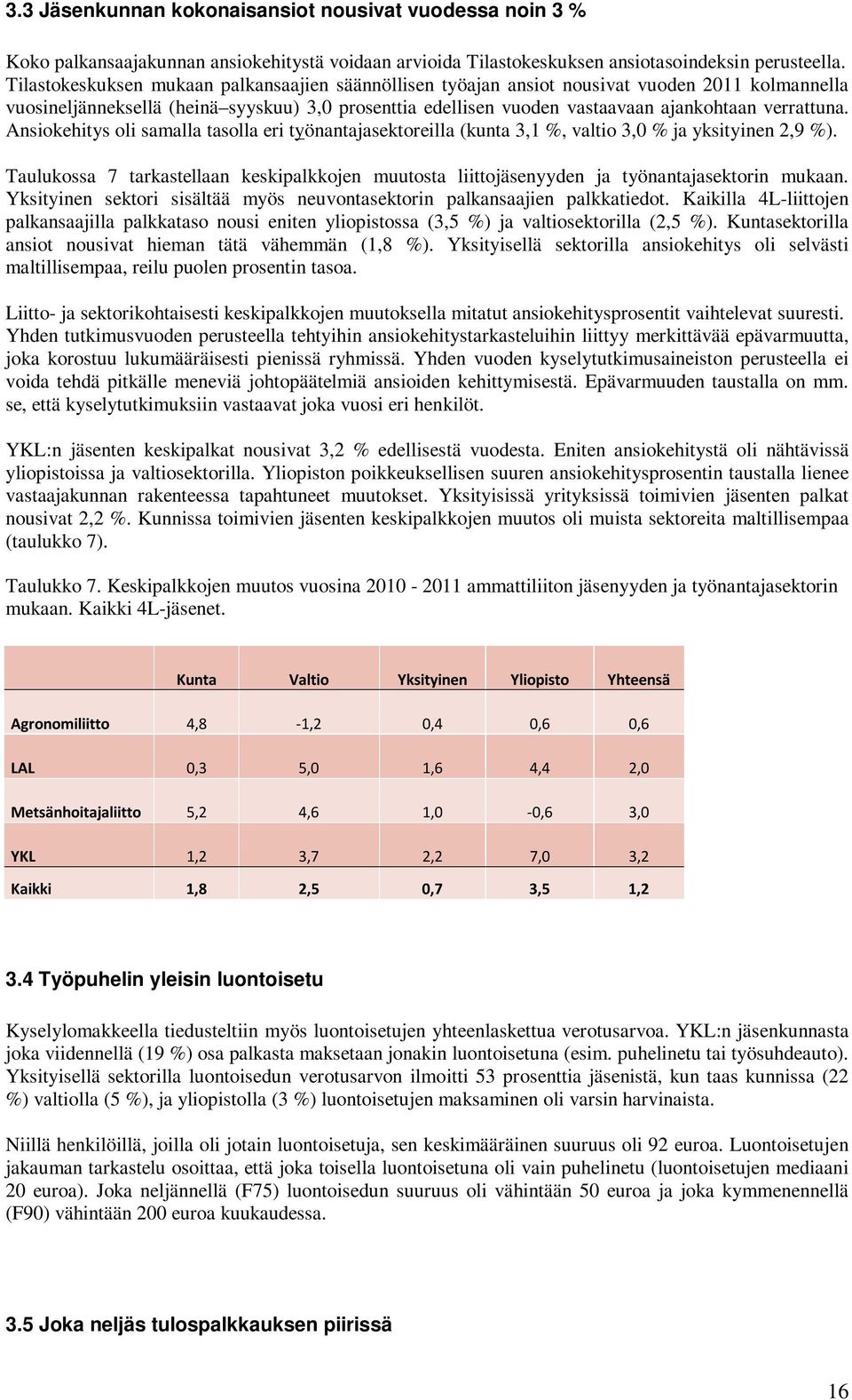 verrattuna. Ansiokehitys oli samalla tasolla eri työnantajasektoreilla (kunta 3,1 %, valtio 3,0 % ja yksityinen 2,9 %).