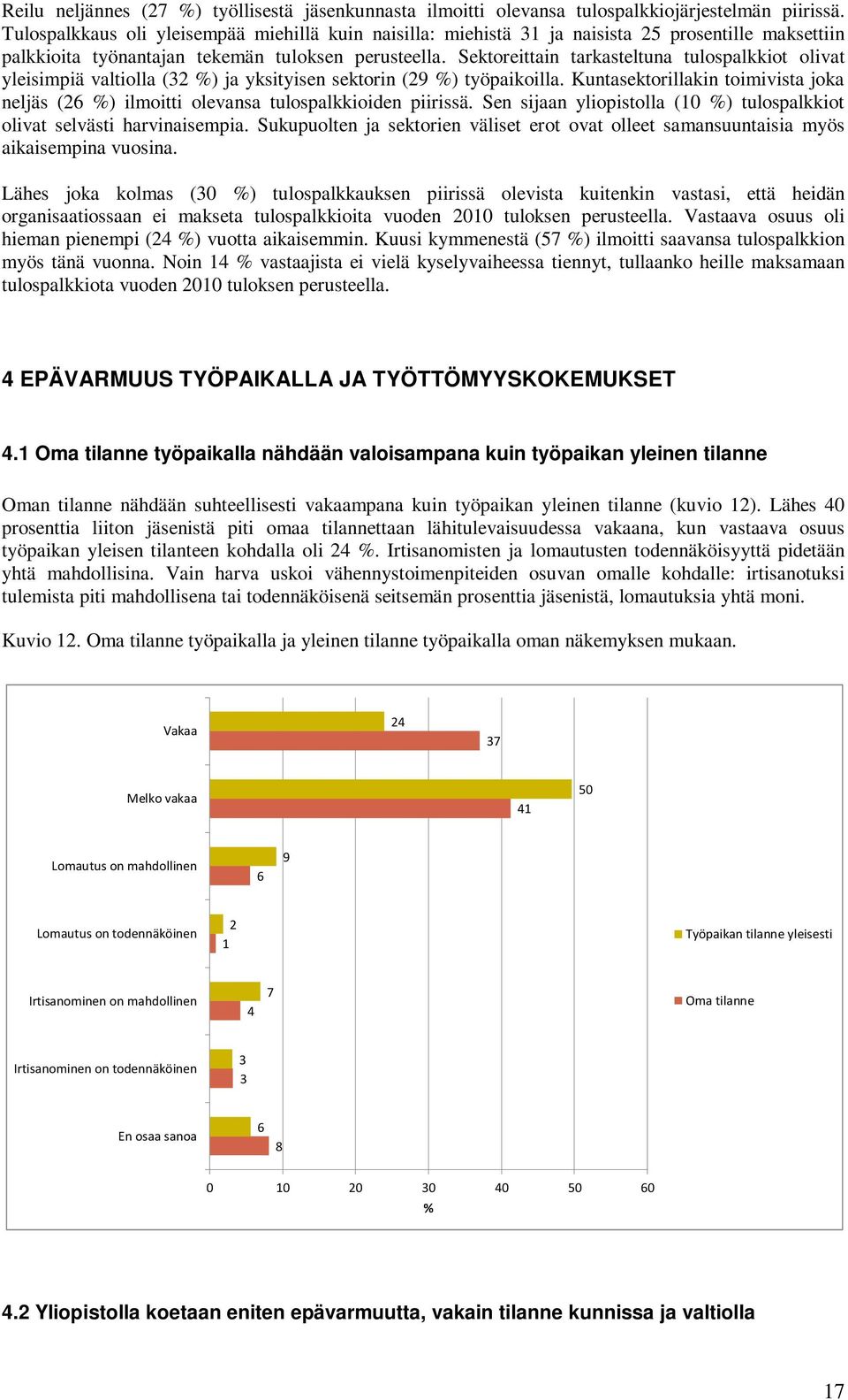 Sektoreittain tarkasteltuna tulospalkkiot olivat yleisimpiä valtiolla (32 %) ja yksityisen sektorin (29 %) työpaikoilla.