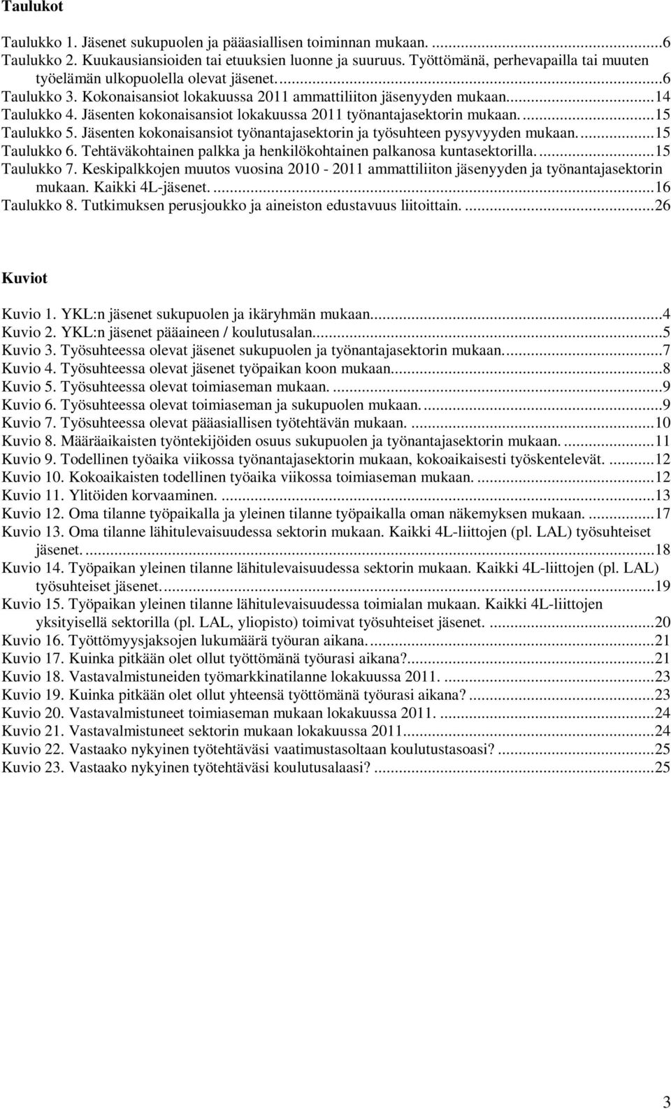 Jäsenten kokonaisansiot lokakuussa 2011 työnantajasektorin mukaan.... 15 Taulukko 5. Jäsenten kokonaisansiot työnantajasektorin ja työsuhteen pysyvyyden mukaan.... 15 Taulukko 6.