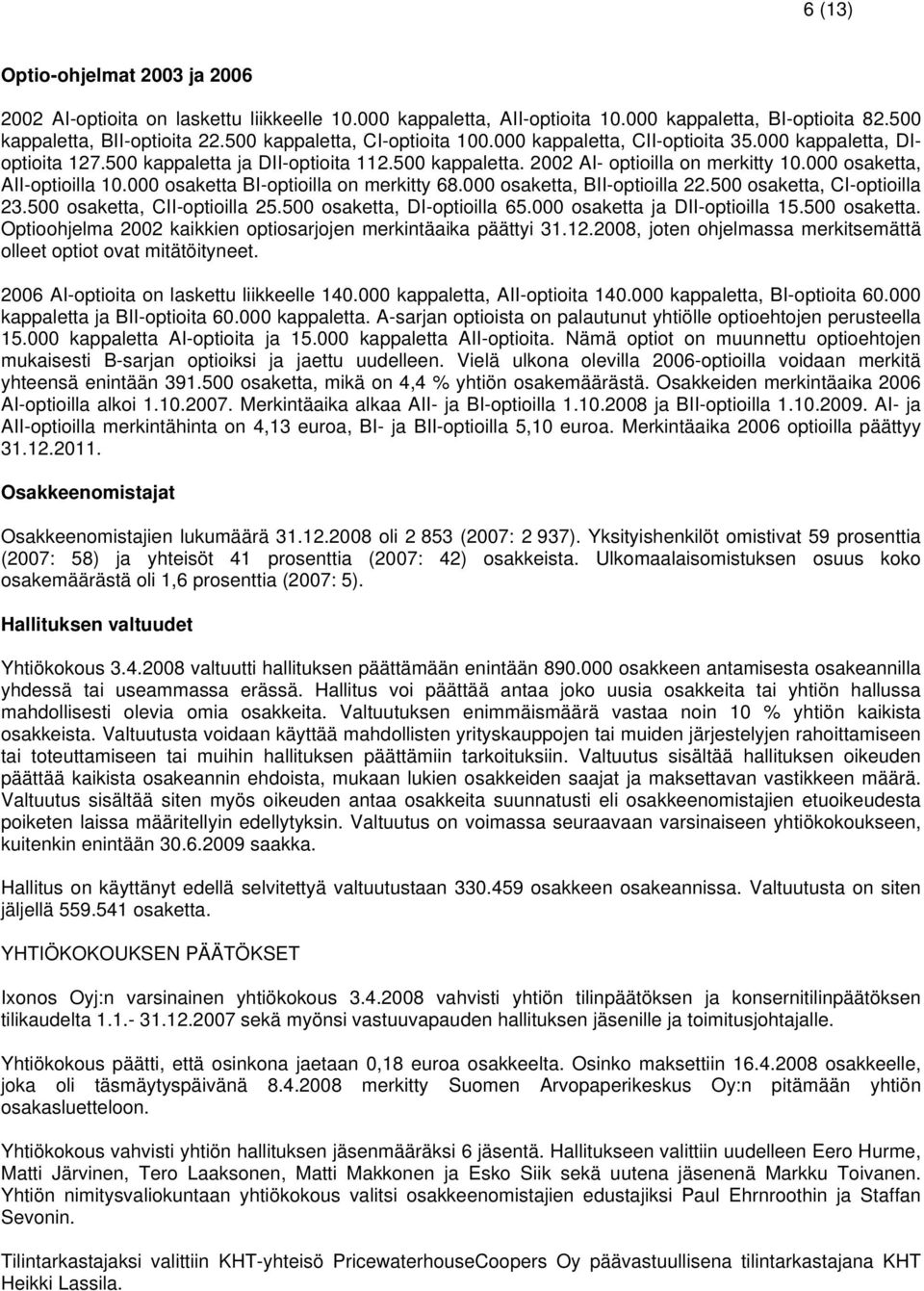 000 osaketta, AII-optioilla 10.000 osaketta BI-optioilla on merkitty 68.000 osaketta, BII-optioilla 22.500 osaketta, CI-optioilla 23.500 osaketta, CII-optioilla 25.500 osaketta, DI-optioilla 65.