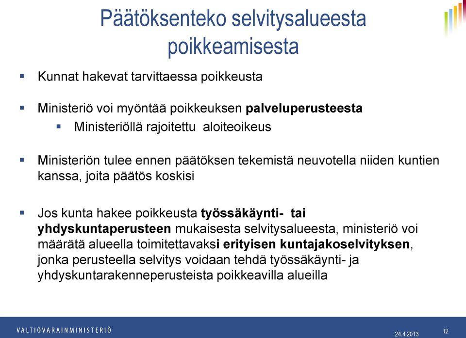 kunta hakee poikkeusta työssäkäynti- tai yhdyskuntaperusteen mukaisesta selvitysalueesta, ministeriö voi määrätä alueella toimitettavaksi