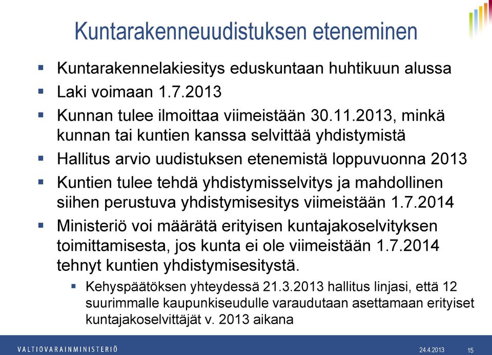 siihen perustuva yhdistymisesitys viimeistään 1.7.2014 Ministeriö voi määrätä erityisen kuntajakoselvityksen toimittamisesta, jos kunta ei ole viimeistään 1.7.2014 tehnyt kuntien yhdistymisesitystä.