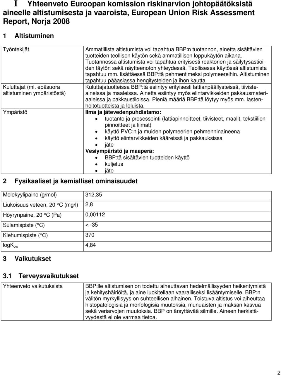 C) < -35 Kiehumispiste ( C) 370 logk ow 4,84 3 Vaikutukset Ammatillista altistumista voi tapahtua BBP:n tuotannon, ainetta sisältävien tuotteiden teollisen käytön sekä ammatillisen loppukäytön aikana.