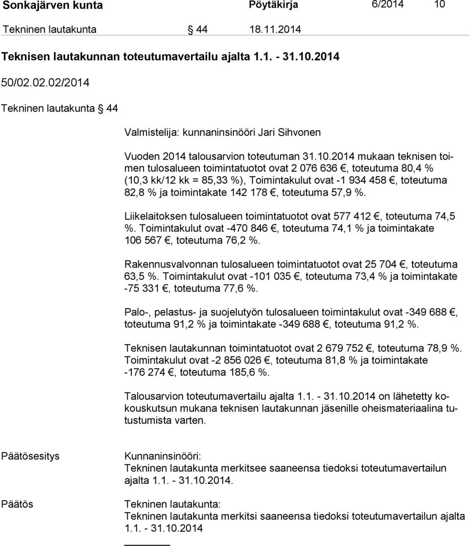 2014 mukaan teknisen toimen tulosalueen toimintatuotot ovat 2 076 636, toteutuma 80,4 % (10,3 kk/12 kk = 85,33 %), Toimintakulut ovat -1 934 458, toteutuma 82,8 % ja toi min ta ka te 142 178,