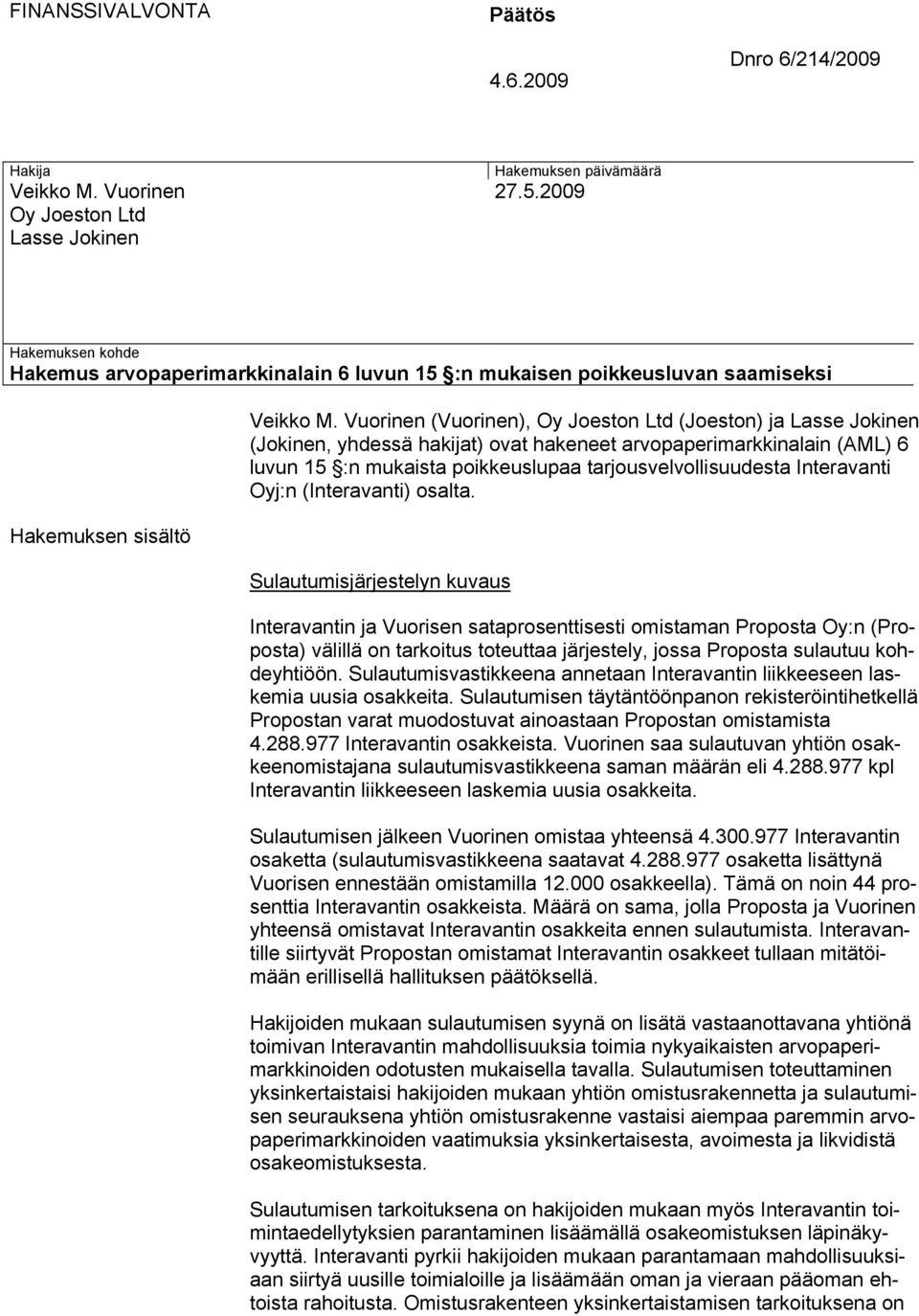 Vuorinen (Vuorinen), Oy Joeston Ltd (Joeston) ja Lasse Jokinen (Jokinen, yhdessä hakijat) ovat hakeneet arvopaperimarkkinalain (AML) 6 luvun 15 :n mukaista poikkeuslupaa tarjousvelvollisuudesta