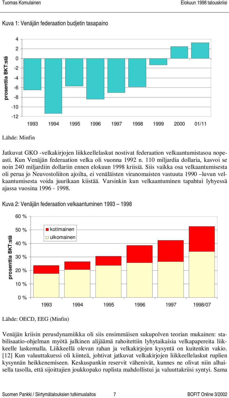 Siis vaikka osa velkaantumisesta oli perua jo Neuvostoliiton ajoilta, ei venäläisten viranomaisten vastuuta 1990 luvun velkaantumisesta voida juurikaan kiistää.