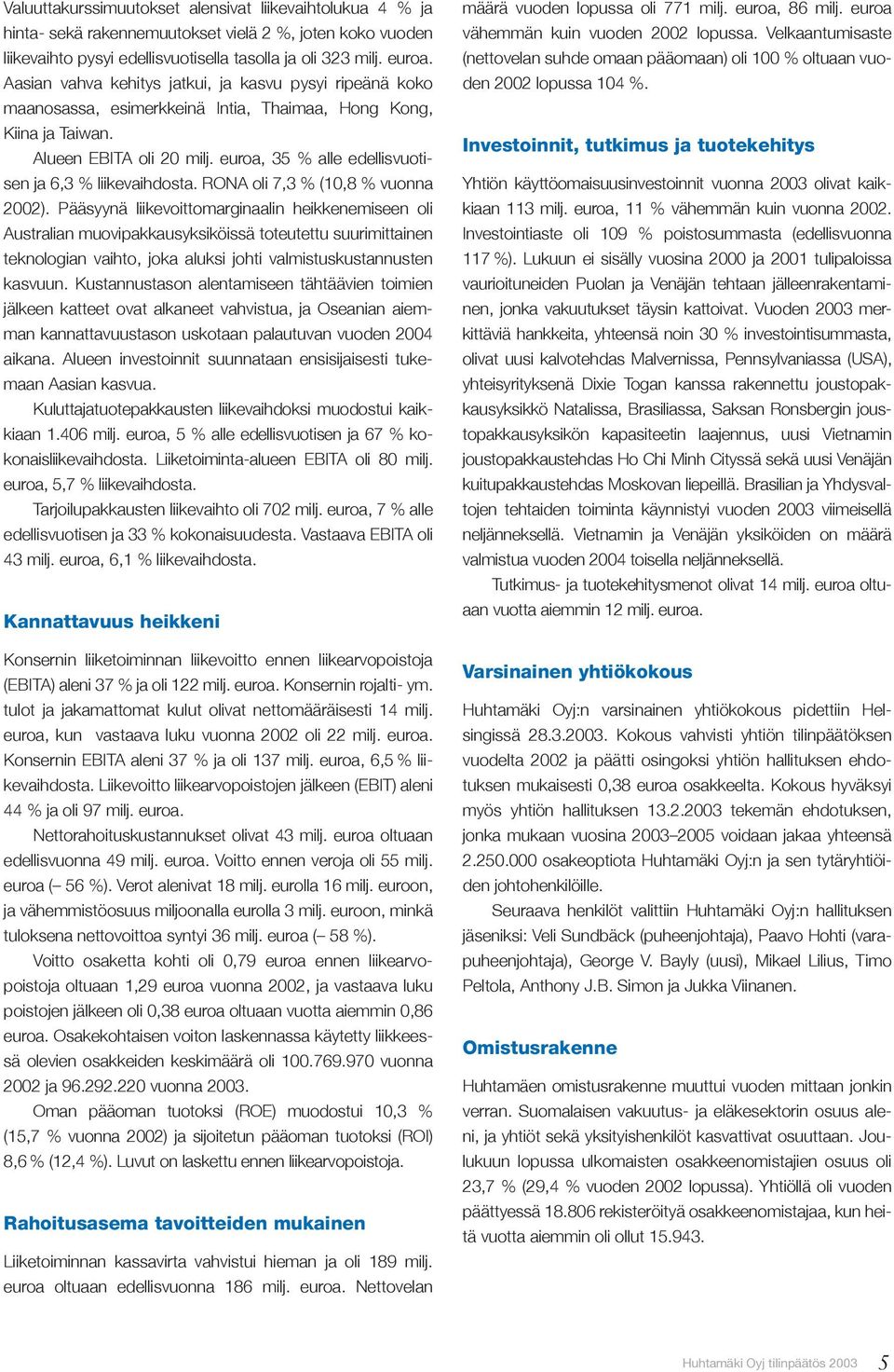 euroa, 35 % alle edellisvuotisen ja 6,3 % liikevaihdosta. RONA oli 7,3 % (10,8 % vuonna 2002).