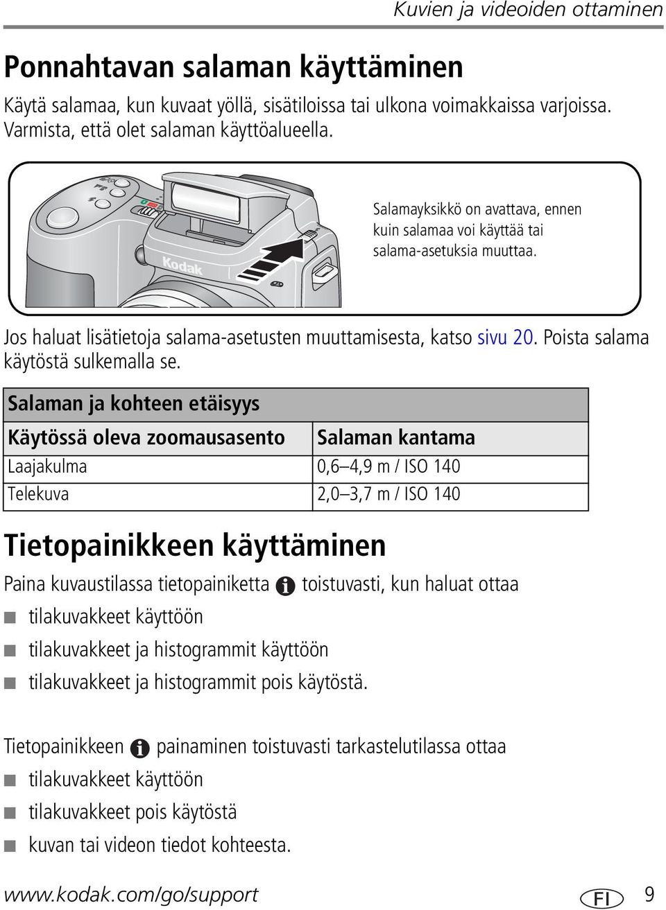 Salaman ja kohteen etäisyys Käytössä oleva zoomausasento Salaman kantama Laajakulma 0,6 4,9 m / ISO 140 Telekuva 2,0 3,7 m / ISO 140 Tietopainikkeen käyttäminen Paina kuvaustilassa tietopainiketta