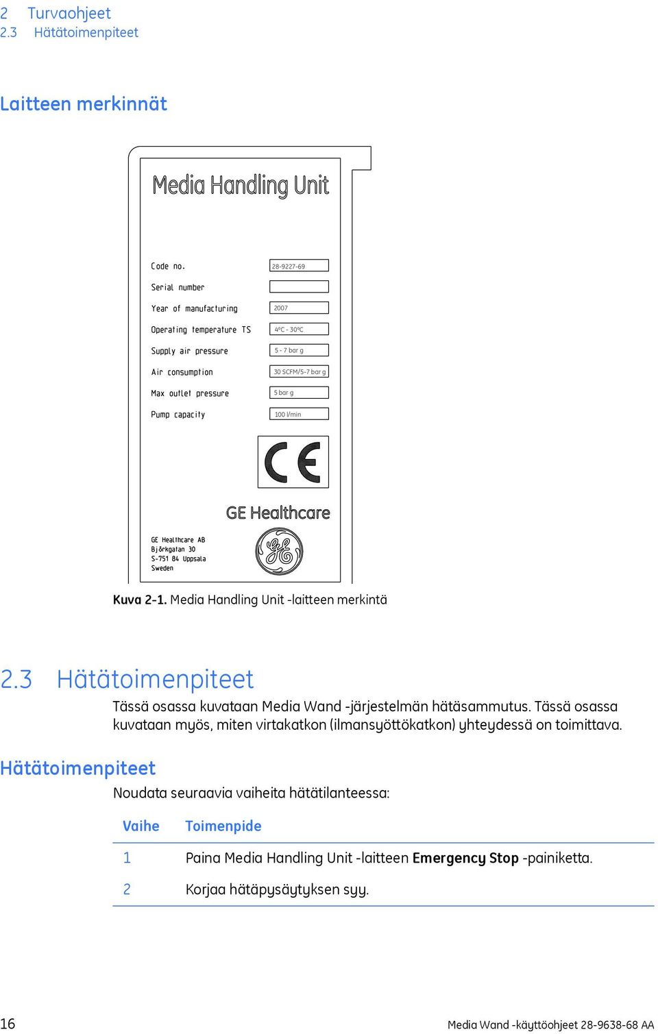 Tässä osassa kuvataan myös, miten virtakatkon (ilmansyöttökatkon) yhteydessä on toimittava.