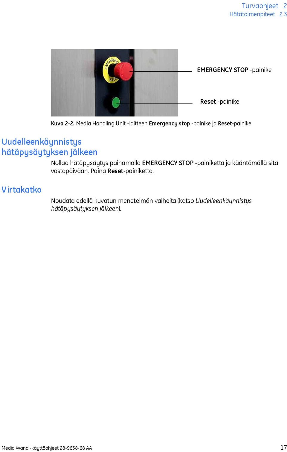 Nollaa hätäpysäytys painamalla EMERGENCY STOP -painiketta ja kääntämällä sitä vastapäivään. Paina Reset-painiketta.