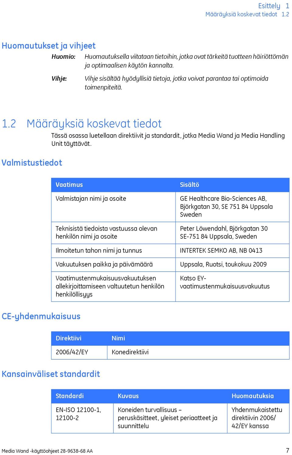 2 Määräyksiä koskevat tiedot Tässä osassa luetellaan direktiivit ja standardit, jotka Media Wand ja Media Handling Unit täyttävät.