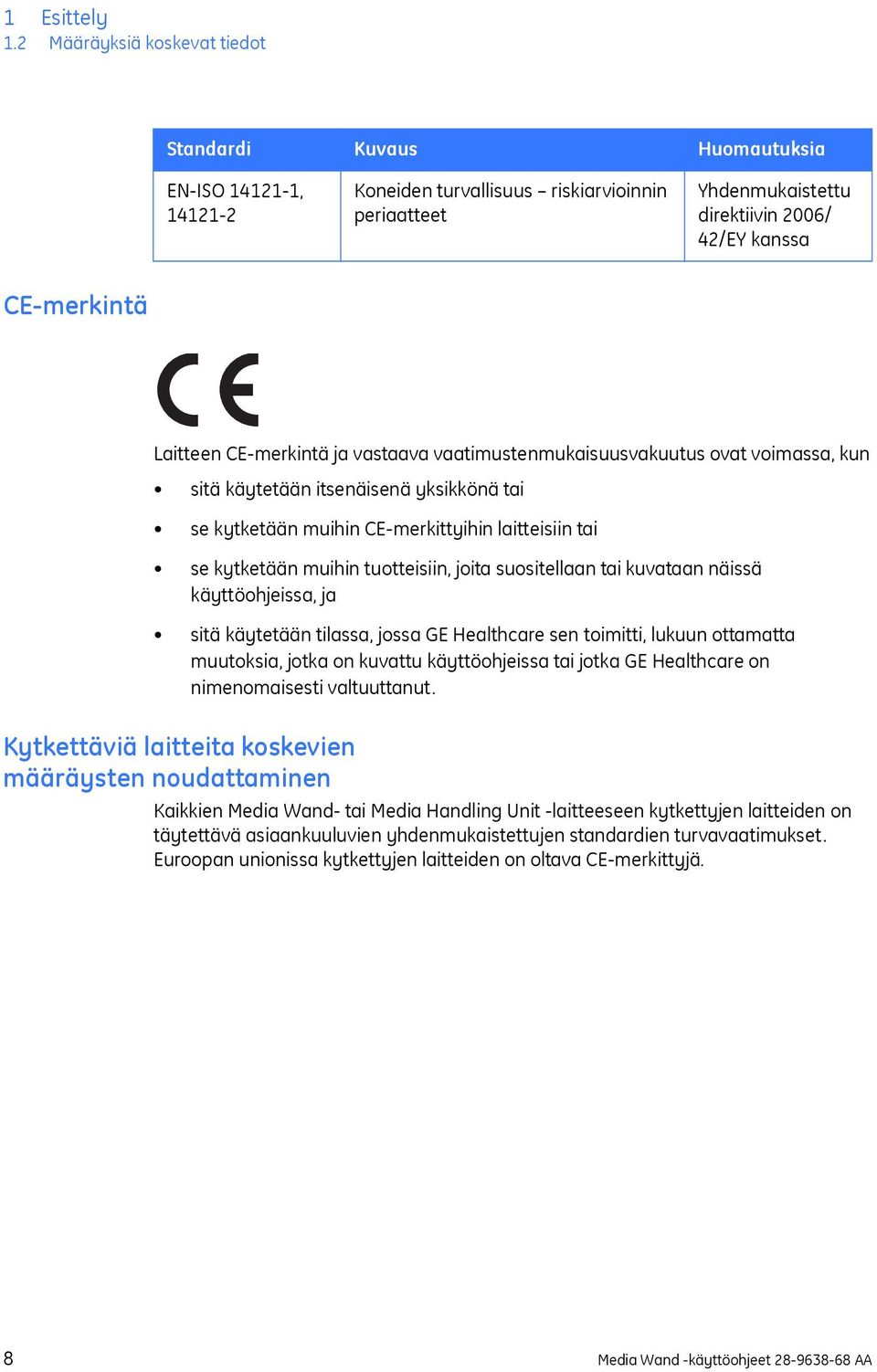 Laitteen CE-merkintä ja vastaava vaatimustenmukaisuusvakuutus ovat voimassa, kun sitä käytetään itsenäisenä yksikkönä tai se kytketään muihin CE-merkittyihin laitteisiin tai se kytketään muihin