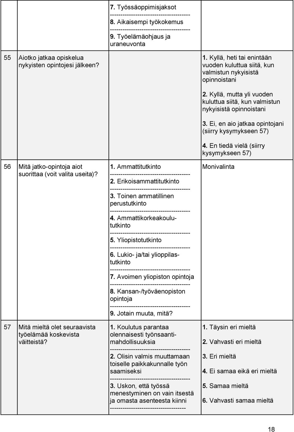 57 Mitä mieltä olet seuraavista työelämää koskevista väitteistä? 1. Ammattitutkinto ---- 2. Erikoisammattitutkinto ---- 3. Toinen ammatillinen perustutkinto ---- 4. Ammattikorkeakoulututkinto ---- 5.