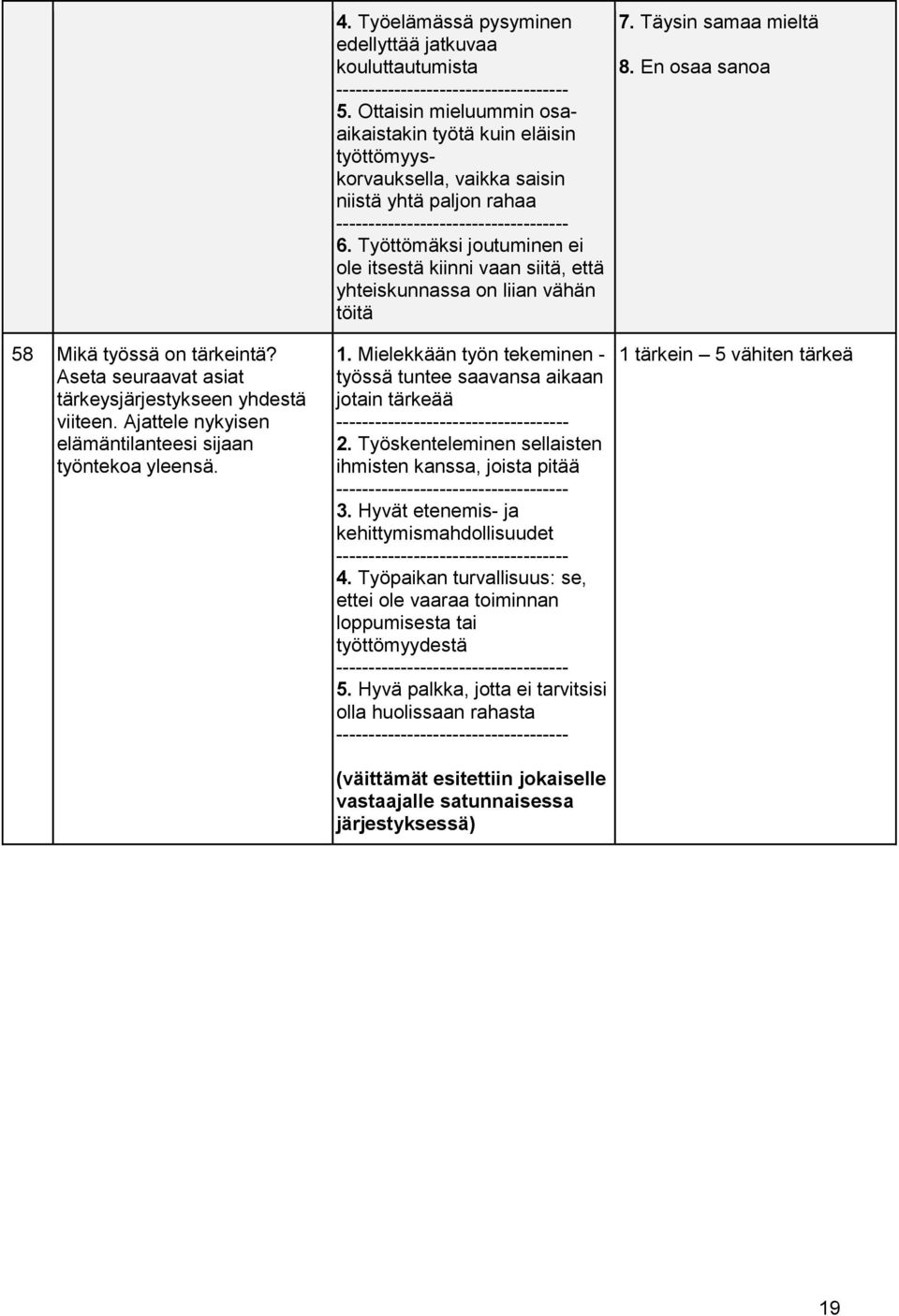 Aseta seuraavat asiat tärkeysjärjestykseen yhdestä viiteen. Ajattele nykyisen elämäntilanteesi sijaan työntekoa yleensä. 1.