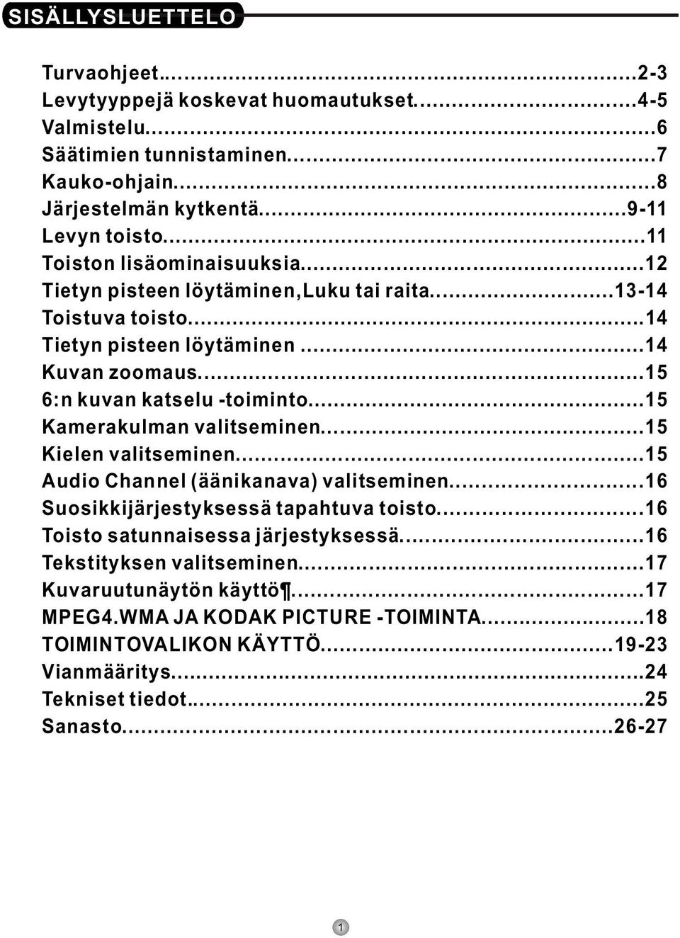 ..15 Kamerakulman valitseminen...15 Kielen valitseminen...15 Audio Channel (äänikanava) valitseminen...16 Suosikkijärjestyksessä tapahtuva toisto...16 Toisto satunnaisessa järjestyksessä.