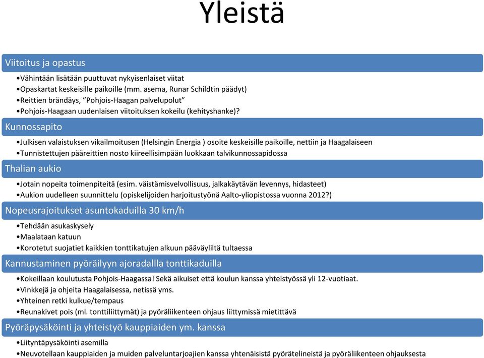 Kunnossapito Julkisen valaistuksen vikailmoitusen (Helsingin Energia ) osoite keskeisille paikoille, nettiin ja Haagalaiseen Tunnistettujen pääreittien nosto kiireellisimpään luokkaan