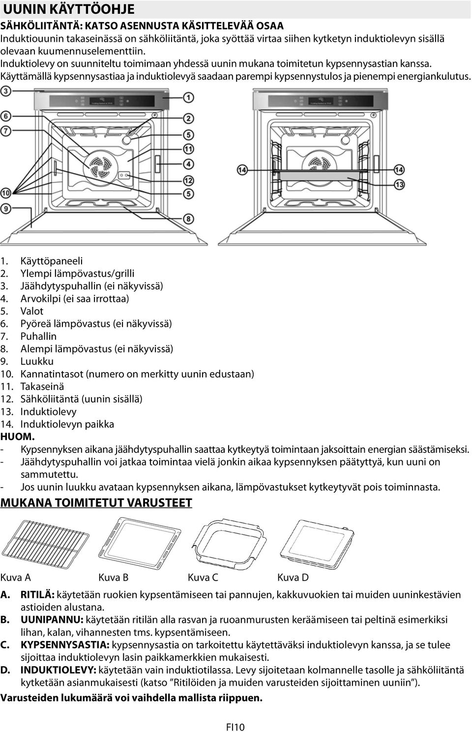 1. Käyttöpaneeli 2. Ylempi lämpövastus/grilli 3. Jäähdytyspuhallin (ei näkyvissä) 4. Arvokilpi (ei saa irrottaa) 5. Valot 6. Pyöreä lämpövastus (ei näkyvissä) 7. Puhallin 8.