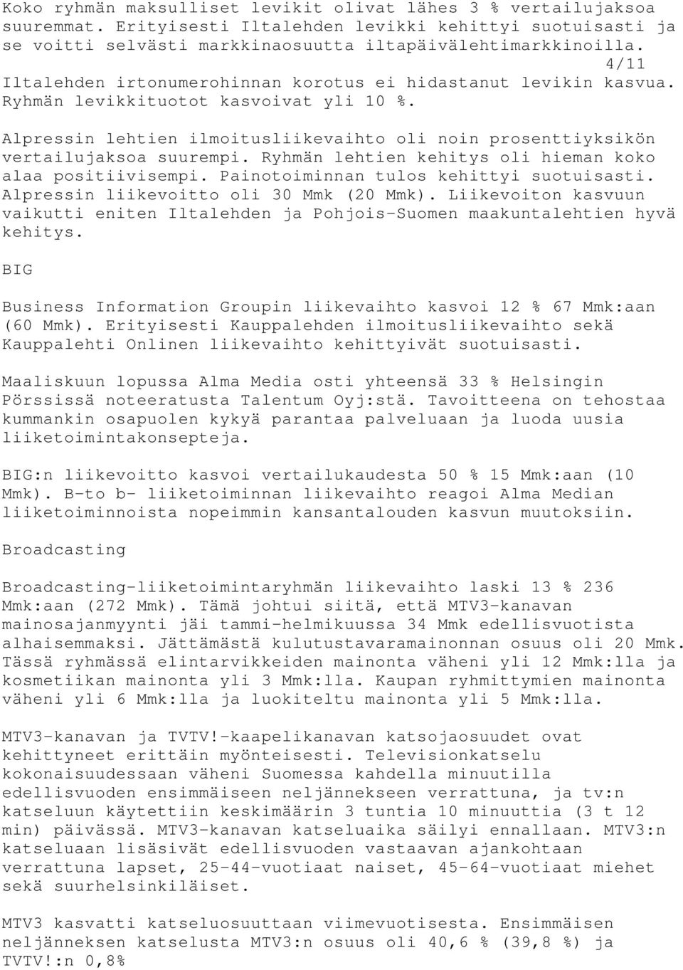 Ryhmän lehtien kehitys oli hieman koko alaa positiivisempi. Painotoiminnan tulos kehittyi suotuisasti. Alpressin liikevoitto oli 30 Mmk (20 Mmk).