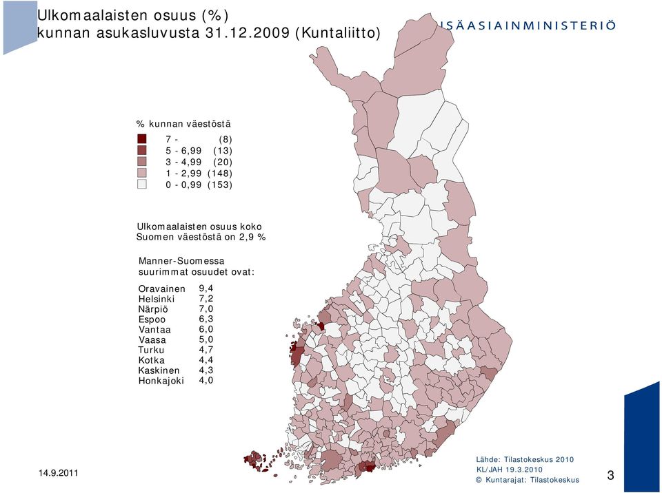Ulkomaalaisten osuus koko Suomen väestöstä on 2,9 % Manner-Suomessa suurimmat osuudet ovat: Oravainen