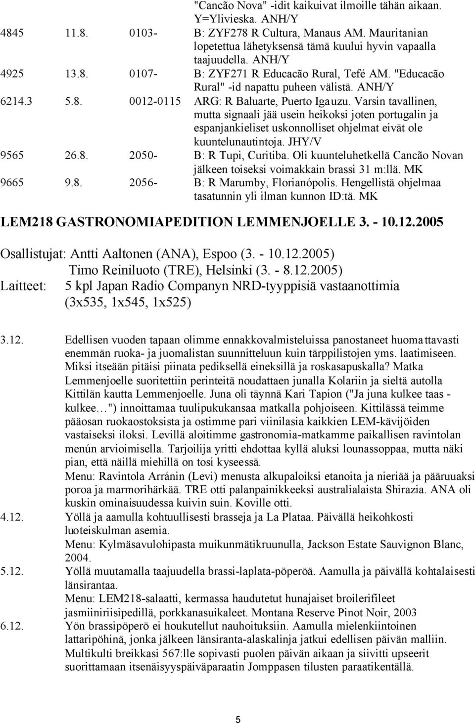 Varsin tavallinen, mutta signaali jää usein heikoksi joten portugalin ja espanjankieliset uskonnolliset ohjelmat eivät ole kuuntelunautintoja. JHY/V 9565 26.8. 2050- B: R Tupi, Curitiba.