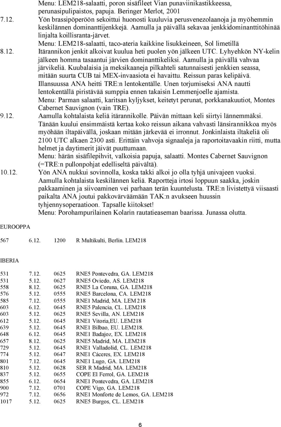 Menu: LEM218-salaatti, taco-ateria kaikkine lisukkeineen, Sol limetillä 8.12. Itärannikon jenkit alkoivat kuulua heti puolen yön jälkeen UTC.