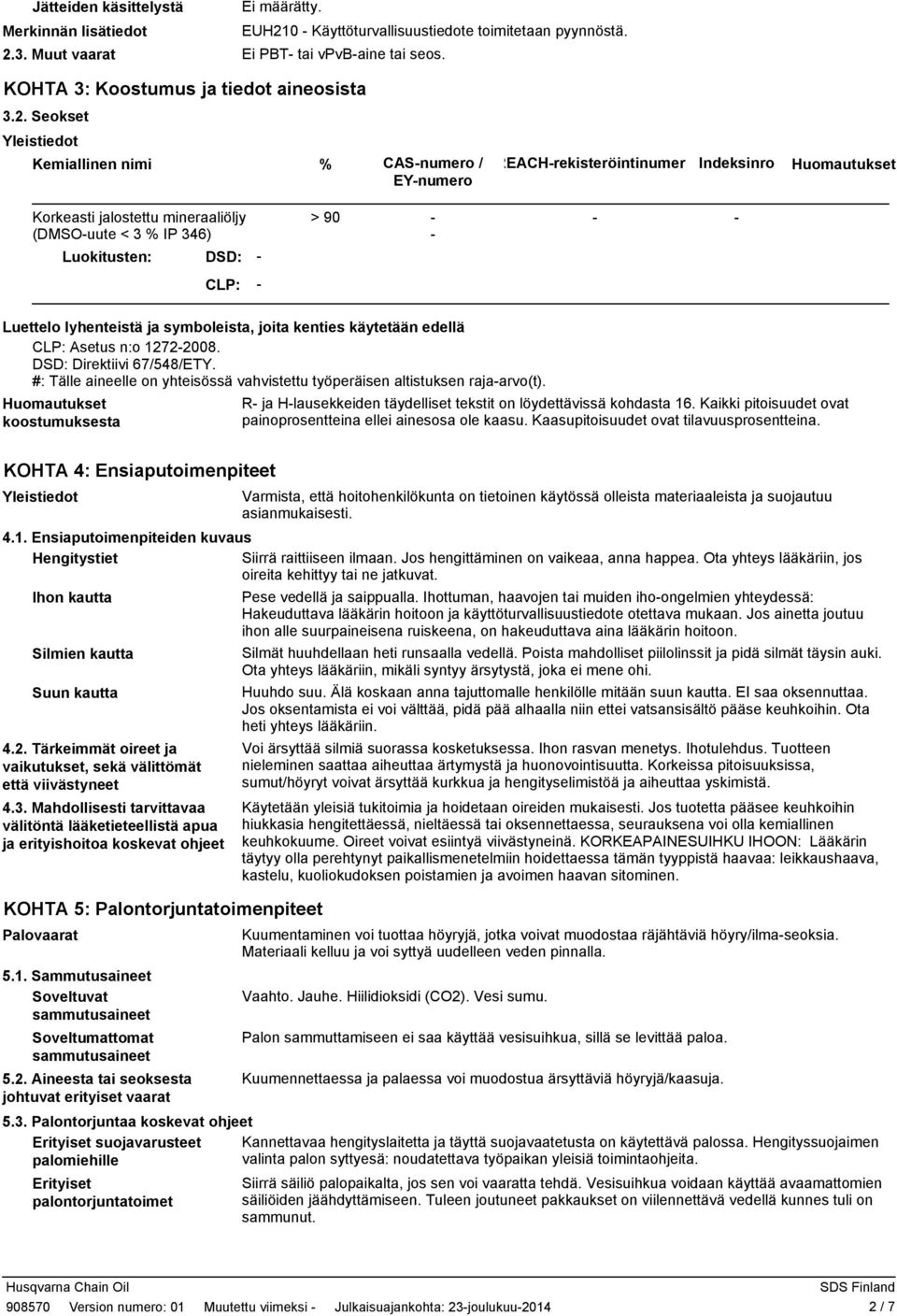 Seokset Kemiallinen nimi % CASnumero / EYnumero REACHrekisteröintinumer Indeksinro Huomautukset Korkeasti jalostettu mineraaliöljy (DMSOuute < 3 % IP 346) Luokitusten: DSD: > 90 CLP: Luettelo