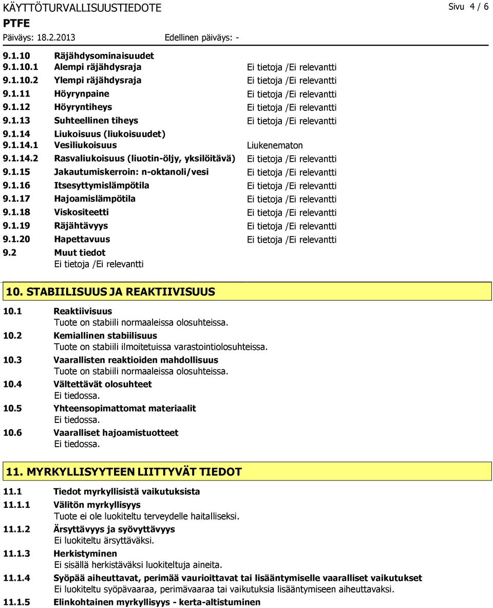 1.17 Hajoamislämpötila Ei tietoja / 9.1.18 Viskositeetti Ei tietoja / 9.1.19 Räjähtävyys Ei tietoja / 9.1.20 Hapettavuus Ei tietoja / 9.2 Muut tiedot Ei tietoja / 10. STABIILISUUS JA REAKTIIVISUUS 10.