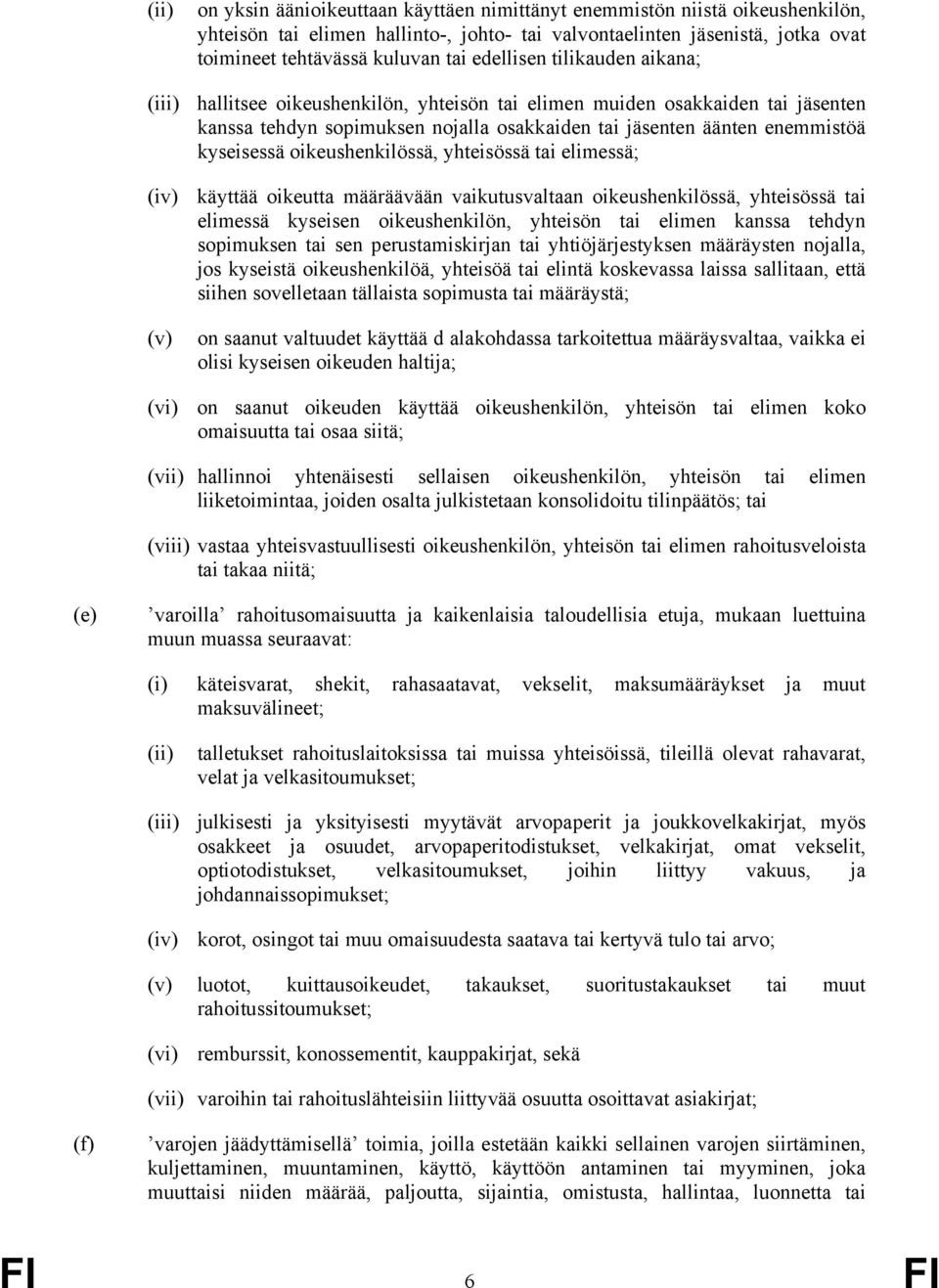 oikeushenkilössä, yhteisössä tai elimessä; (iv) käyttää oikeutta määräävään vaikutusvaltaan oikeushenkilössä, yhteisössä tai elimessä kyseisen oikeushenkilön, yhteisön tai elimen kanssa tehdyn