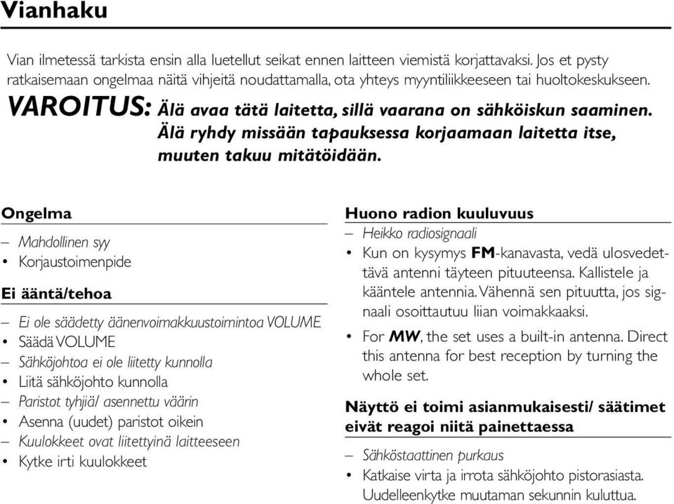 Älä ryhdy missään tapauksessa korjaamaan laitetta itse, muuten takuu mitätöidään.