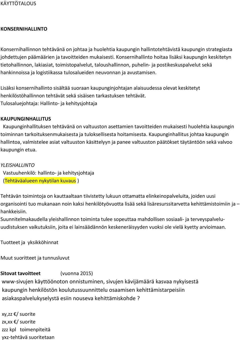 neuvonnan ja avustamisen. Lisäksi konsernihallinto sisältää suoraan kaupunginjohtajan alaisuudessa olevat keskitetyt henkilöstöhallinnon tehtävät sekä sisäisen tarkastuksen tehtävät.