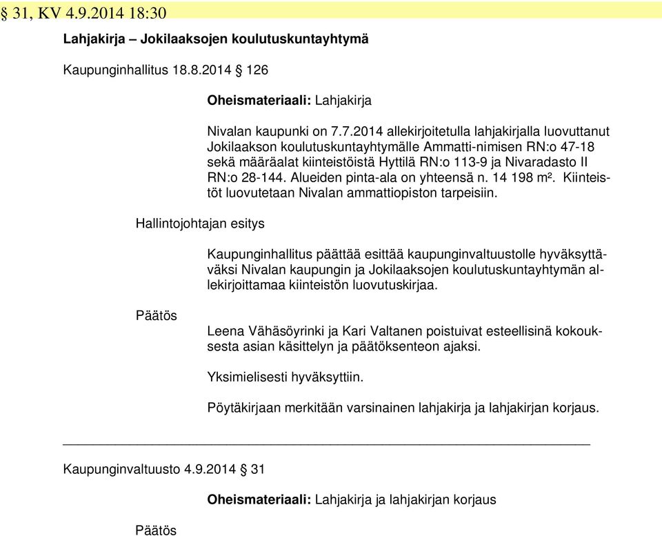 Alueiden pinta-ala on yhteensä n. 14 198 m². Kiinteistöt luovutetaan Nivalan ammattiopiston tarpeisiin.